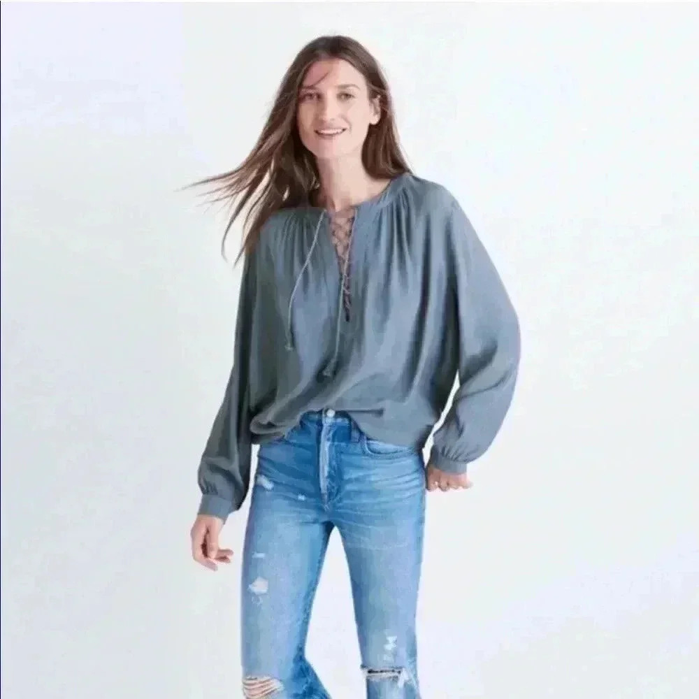 Madewell Lace Up Peasant Top Blouse Blue S